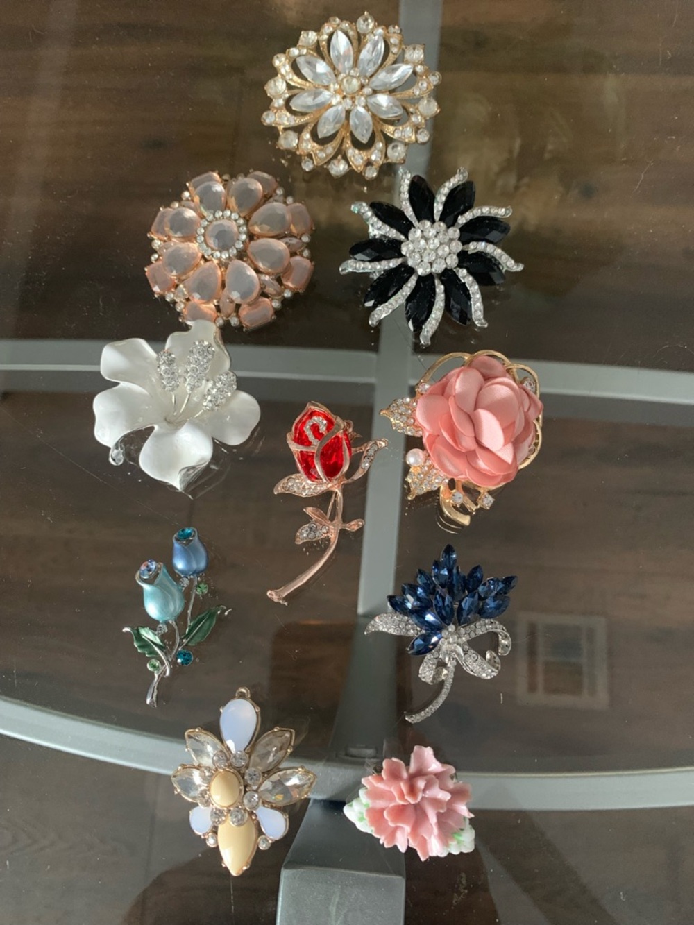 Assorted Floral Crystal Brooch Pin - Pink, Blue, Black, White, Red(10)